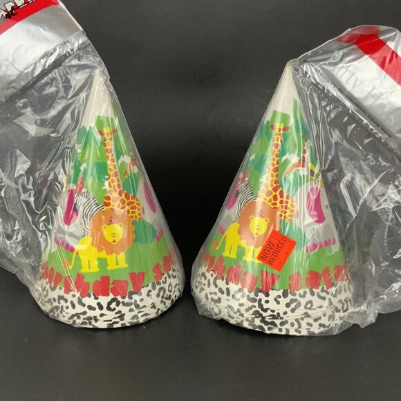 Zoo Animal Birthday Safari Party Hats 2 Packs Of 5 Paper Cone Hats Leopard Trim - Picture 3 of 3